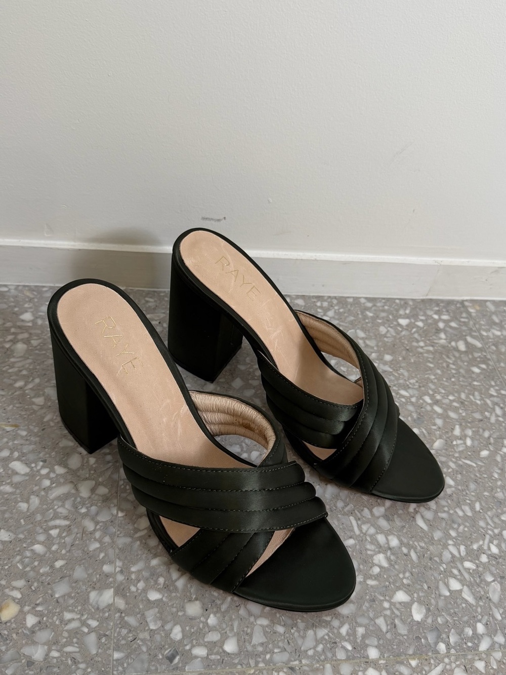 RAYE Black Quilted Crossover Block Heel Mules